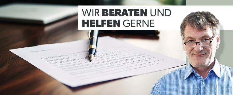 Zu sehen ist eine Grafik mit Herr Bellmer auf der rechten Seite, daneben steht 'Wir beraten und helfen gerne.' im Hintergrund ist ein Bild von einem Stift und einem Dokument